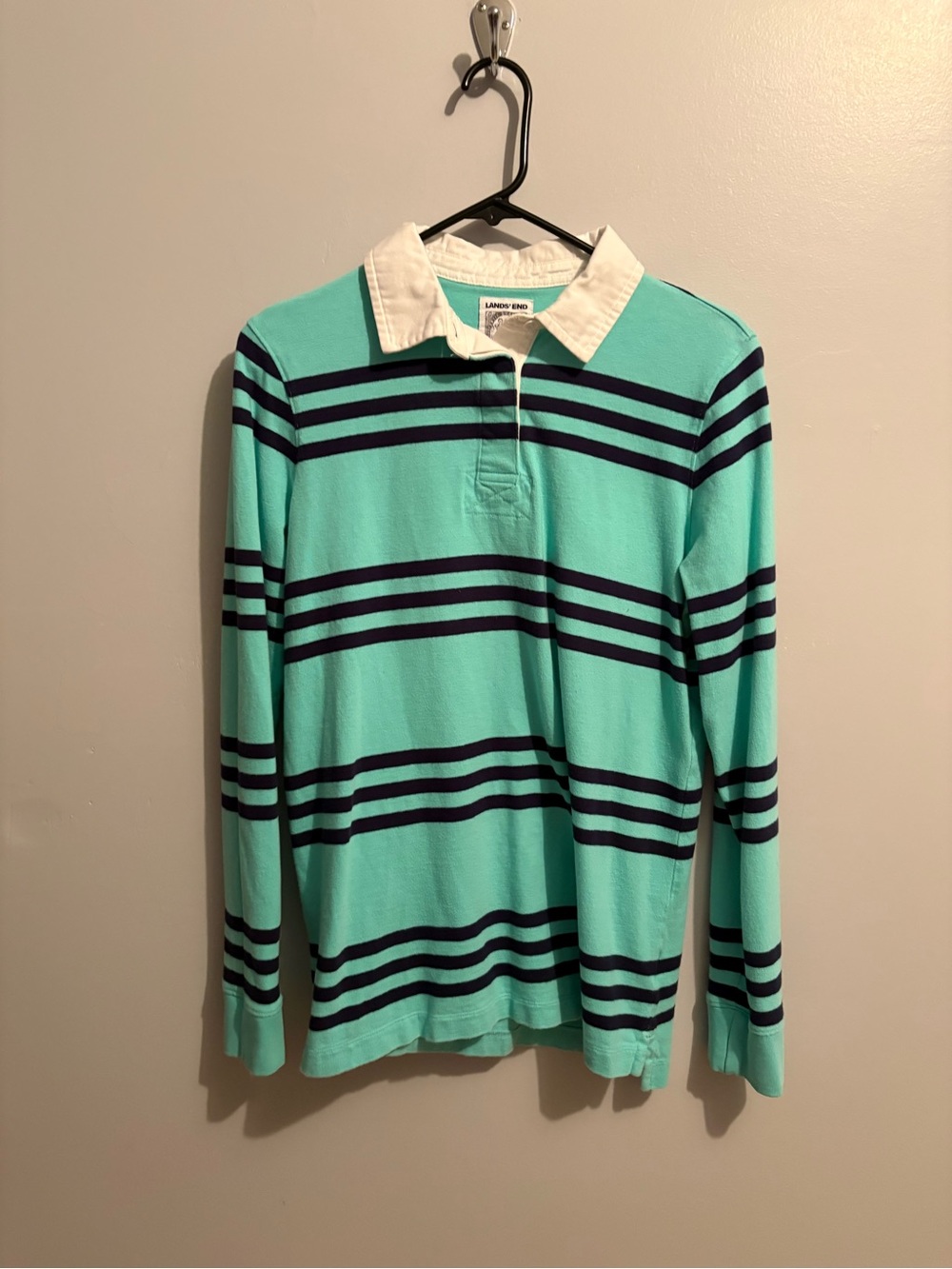 Lands' End Aqua Navy Striped Rugby Polo Women's Medium Blokecore 100% Cotton 10